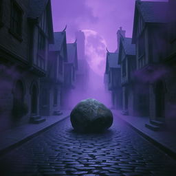 A dark cobblestone street lined with abandoned medieval houses, shrouded in an aura of mystery and history