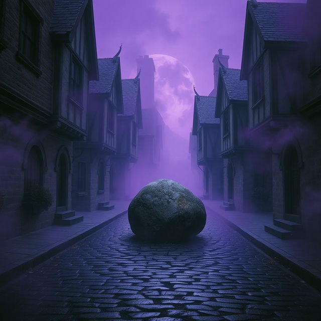 A dark cobblestone street lined with abandoned medieval houses, shrouded in an aura of mystery and history