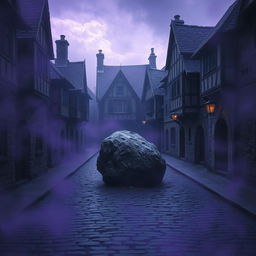 A dark cobblestone street lined with abandoned medieval houses, shrouded in an aura of mystery and history