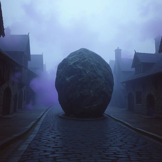 A dark cobblestone street lined with abandoned medieval houses, creating a sense of desolation and intrigue