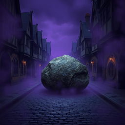 A dark cobblestone street lined with abandoned medieval houses, creating a sense of desolation and intrigue