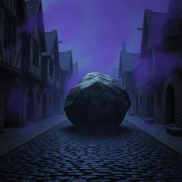 A dark cobblestone street lined with abandoned medieval houses, creating a sense of desolation and intrigue