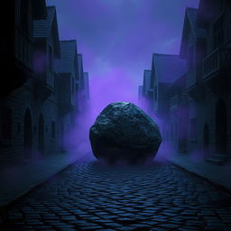 A dark cobblestone street lined with abandoned medieval houses, creating a sense of desolation and intrigue