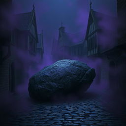 A dark cobblestone street featuring abandoned medieval houses, exuding a sense of abandonment and shadowy mystery
