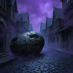 A dark cobblestone street featuring abandoned medieval houses, exuding a sense of abandonment and shadowy mystery