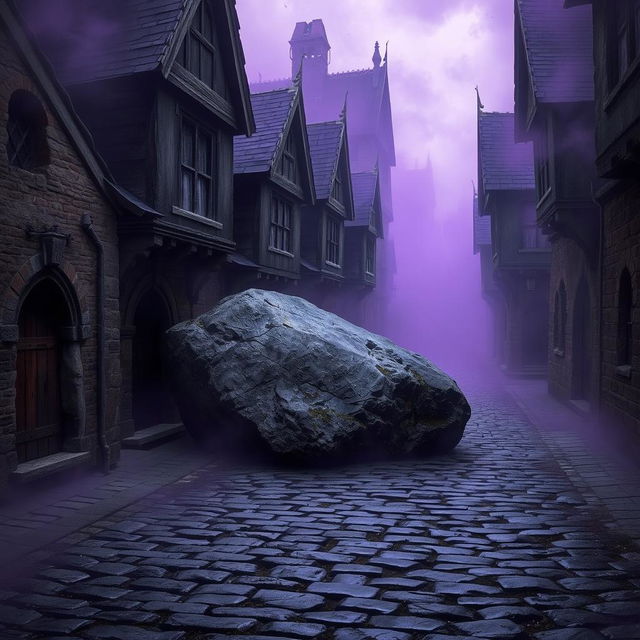 A dark cobblestone street featuring abandoned medieval houses, exuding a sense of abandonment and shadowy mystery