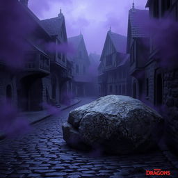 A dark cobblestone street featuring abandoned medieval houses, exuding a sense of abandonment and shadowy mystery