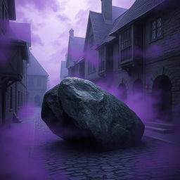 A dark cobblestone street characterized by abandoned medieval houses, evoking a sense of eeriness and neglect