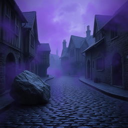 A dark cobblestone street characterized by abandoned medieval houses, evoking a sense of eeriness and neglect