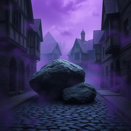 A dark cobblestone street characterized by abandoned medieval houses, evoking a sense of eeriness and neglect