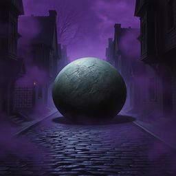 A dark cobblestone street lined with abandoned medieval houses, conveying a feeling of neglect and mystery