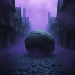 A dark cobblestone street lined with abandoned medieval houses, conveying a feeling of neglect and mystery