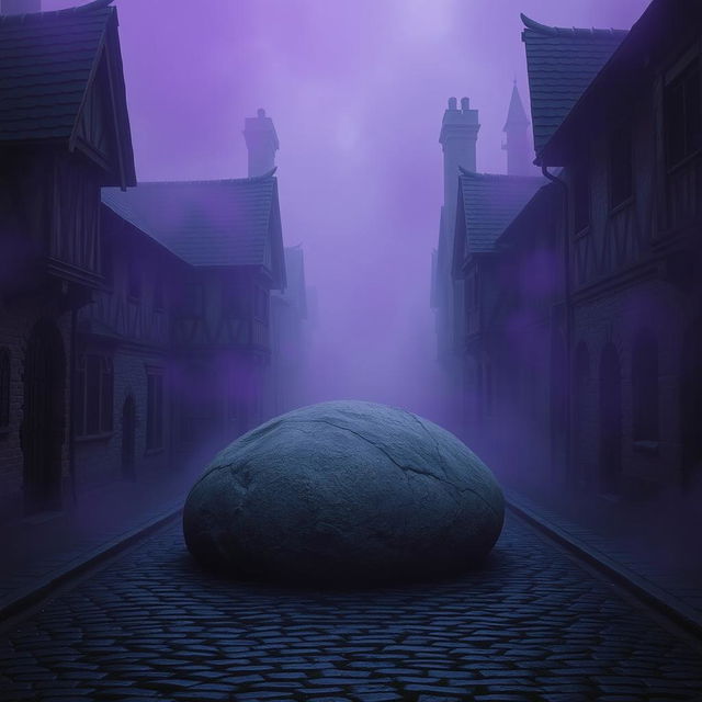 A dark cobblestone street lined with abandoned medieval houses, conveying a feeling of neglect and mystery