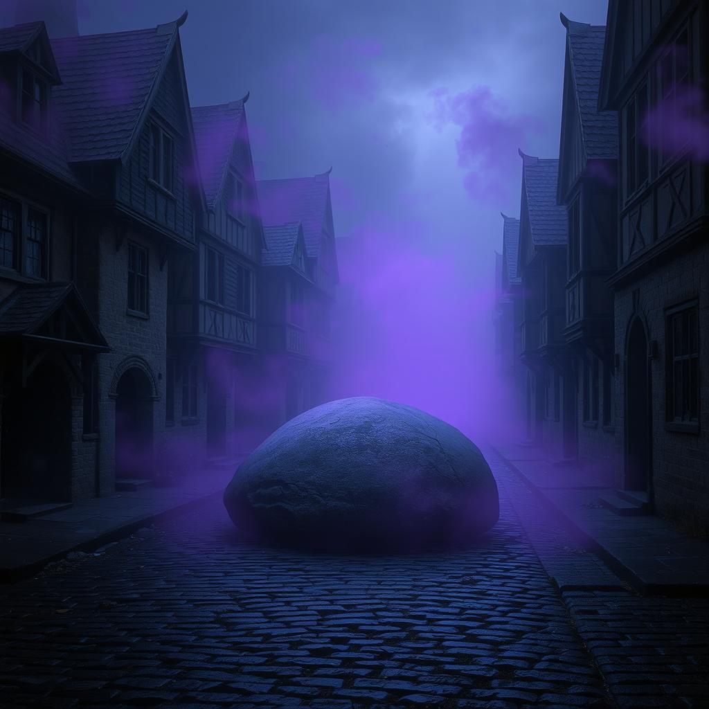 A dark cobblestone street lined with abandoned medieval houses, conveying a feeling of neglect and mystery