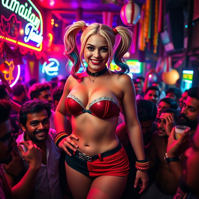 Harley Quinn in a bold strapless bikini that showcases her big cleavage, confidently surrounded by a dense crowd of intrigued Indian men inside a lively, cheap Indian strip bar