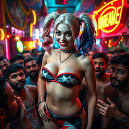 Harley Quinn in a bold strapless bikini that showcases her big cleavage, confidently surrounded by a dense crowd of intrigued Indian men inside a lively, cheap Indian strip bar
