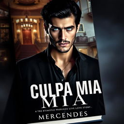 A captivating book cover for 'CULPA MIA' by Mercedes, featuring a dramatic photograph that symbolizes a tumultuous love story