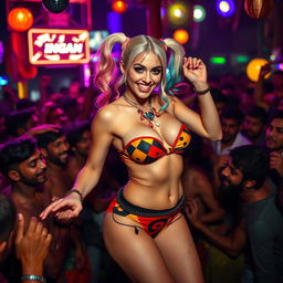 Harley Quinn dancing energetically in a vibrant strapless bikini that showcases her big cleavage, surrounded by a dense crowd of excited Indian men inside a lively, cheap Indian dance bar