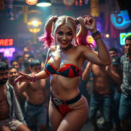 Harley Quinn dancing energetically in a vibrant strapless bikini that showcases her big cleavage, surrounded by a dense crowd of excited Indian men inside a lively, cheap Indian dance bar