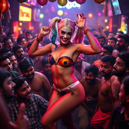 American Harley Quinn dancing playfully in a vibrant strapless bikini that showcases her big cleavage and accentuates her big ass, wearing a small, eye-catching panty