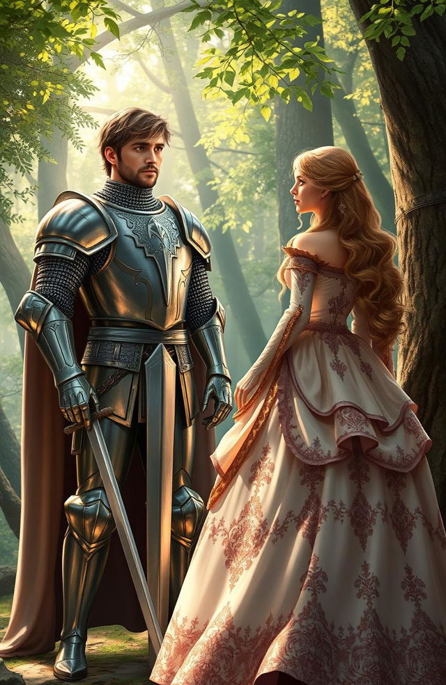 A realistic scene depicting a brave knight standing guard to protect a beautiful princess