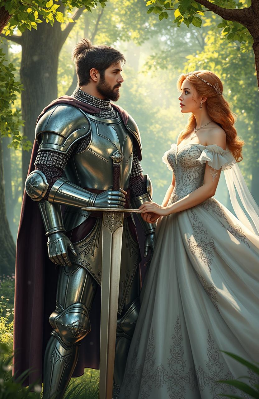 A realistic scene depicting a brave knight standing guard to protect a beautiful princess