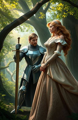 A realistic scene depicting a brave knight standing guard to protect a beautiful princess