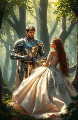 A realistic scene depicting a brave knight standing guard to protect a beautiful princess