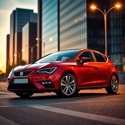 A sleek and sporty Seat Leon parked on an urban street at sunset, showcasing its dynamic design with bold lines and a modern silhouette