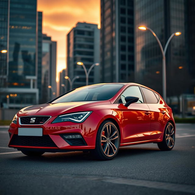 A sleek and sporty Seat Leon parked on an urban street at sunset, showcasing its dynamic design with bold lines and a modern silhouette