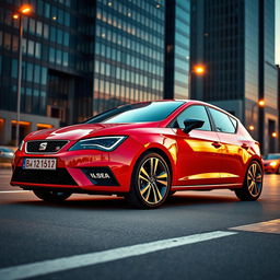 A sleek and sporty Seat Leon parked on an urban street at sunset, showcasing its dynamic design with bold lines and a modern silhouette