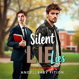 The cover design for 'Silent Lies', the first book in the Silent Series by Angel_Baby Fiction, featuring a softly blurred background depicting a contrasting high school and college campus setting with a dreamy quality in soft pastels