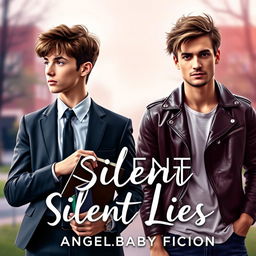 The cover design for 'Silent Lies', the first book in the Silent Series by Angel_Baby Fiction, featuring a softly blurred background depicting a contrasting high school and college campus setting with a dreamy quality in soft pastels