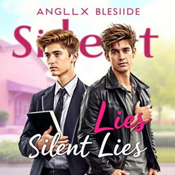 The cover design for 'Silent Lies', the first book in the Silent Series by Angel_Baby Fiction, featuring a softly blurred background depicting a contrasting high school and college campus setting with a dreamy quality in soft pastels
