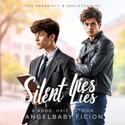 The cover design for 'Silent Lies', the first book in the Silent Series by Angel_Baby Fiction, featuring a softly blurred background depicting a contrasting high school and college campus setting with a dreamy quality in soft pastels