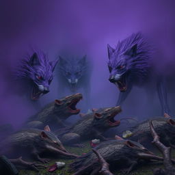 A dark and eerie scene featuring purple mutated wolves, their fur a twisted shade of purple, as they ferociously tear apart the corpses of giant rats