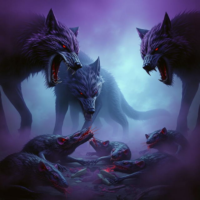 A dark and eerie scene featuring purple mutated wolves, their fur a twisted shade of purple, as they ferociously tear apart the corpses of giant rats