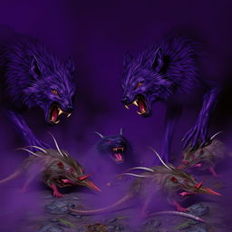 A dark and eerie scene featuring purple mutated wolves, their fur a twisted shade of purple, as they ferociously tear apart the corpses of giant rats