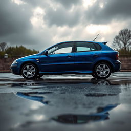 A stunning 4K high-quality image featuring a Seat Leon MK1 (first generation, 1999-2004) in electric blue, parked on a rainy day