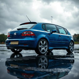 A stunning 4K high-quality image featuring a Seat Leon MK1 (first generation, 1999-2004) in electric blue, parked on a rainy day