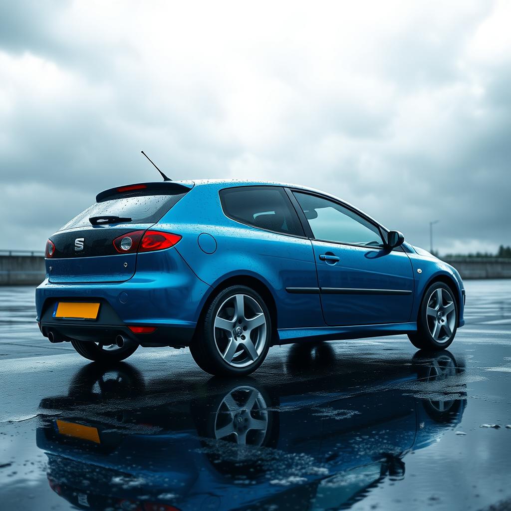 A stunning 4K high-quality image featuring a Seat Leon MK1 (first generation, 1999-2004) in electric blue, parked on a rainy day