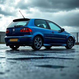 A stunning 4K high-quality image featuring a Seat Leon MK1 (first generation, 1999-2004) in electric blue, parked on a rainy day