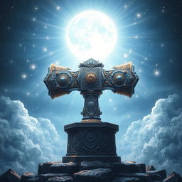 A majestic Warhammer, intricately designed and radiating an aura of divine energy, representing the Heavenly Rite of Muteness