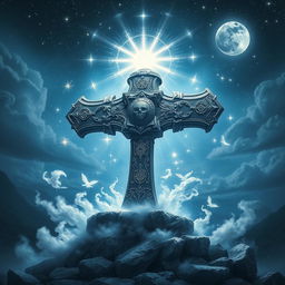A majestic Warhammer, intricately designed and radiating an aura of divine energy, representing the Heavenly Rite of Muteness
