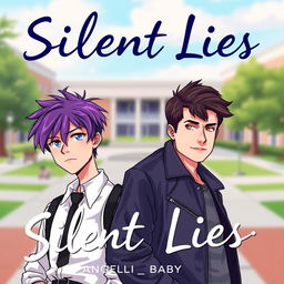 The cover design for 'Silent Lies', the first book in the Silent Series by Angel_Baby Fiction, featuring a softly blurred background of a high school and college campus, suggesting the contrasting worlds of the main characters with a dreamy quality in soft pastels