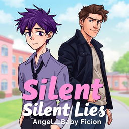 The cover design for 'Silent Lies', the first book in the Silent Series by Angel_Baby Fiction, featuring a softly blurred background of a high school and college campus, suggesting the contrasting worlds of the main characters with a dreamy quality in soft pastels