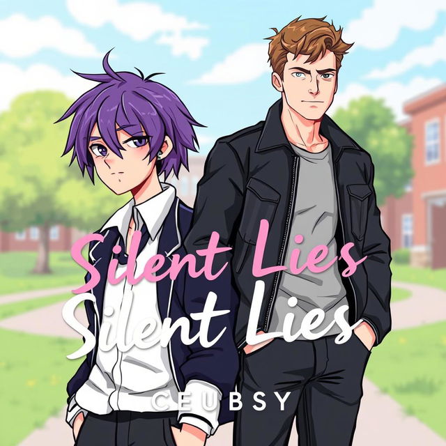 The cover design for 'Silent Lies', the first book in the Silent Series by Angel_Baby Fiction, featuring a softly blurred background of a high school and college campus, suggesting the contrasting worlds of the main characters with a dreamy quality in soft pastels