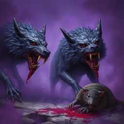 A chilling scene depicting purple mutated rotting wolves, their decaying forms adding to the horror of the moment