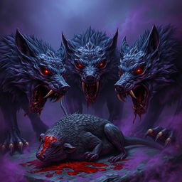 A chilling scene depicting purple mutated rotting wolves, their decaying forms adding to the horror of the moment
