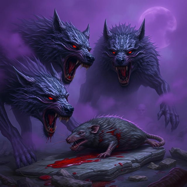 A chilling scene depicting purple mutated rotting wolves, their decaying forms adding to the horror of the moment